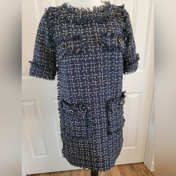 "Chanel Style" Unbranded Navy And Gold Tweed Fully Lined Shift Dress Size 2 - Picture 2 of 12